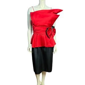 JCPenney Red Black Satin Peplum Dress Rhinestone  Bow 11 /12
